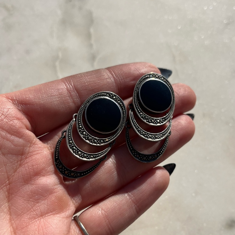 Vintage Sterling, Onyx, and Marcasite Earrings